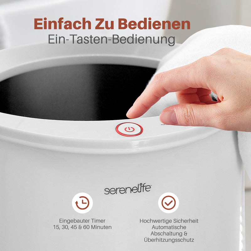 Eine Hand drückt den roten Power-Knopf eines weißen Geräts mit Timer- und Sicherheitsanzeigen.