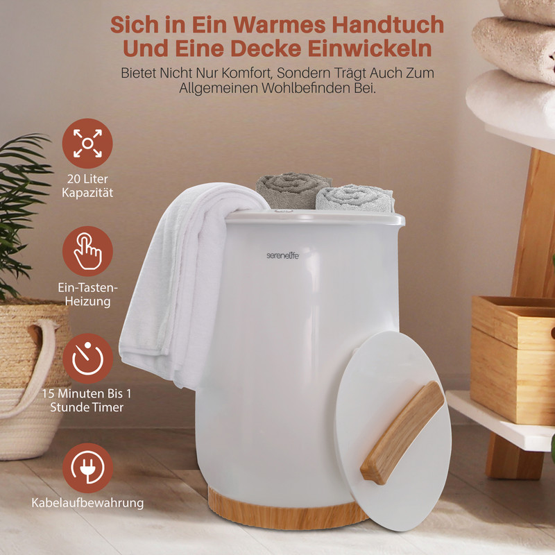 Ein weißer Handtuchwärmer mit Holzdetails, gefüllt mit Handtüchern. Links sind Icons und Text.