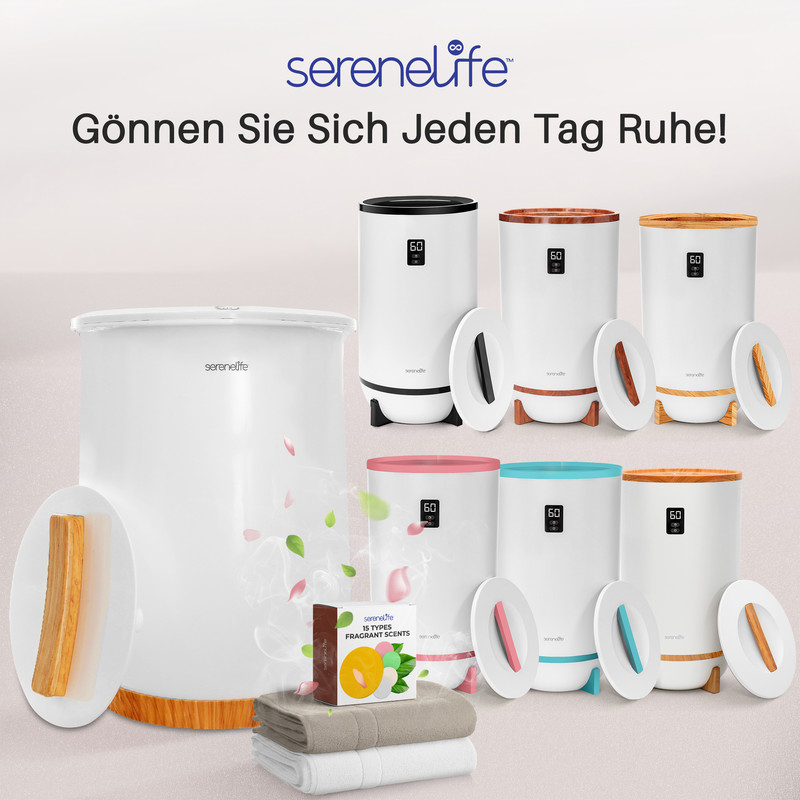 Ein weißer Handtuchwärmer mit Holzsockel links, und sechs kleinere, farbige Handtuchwärmer rechts.