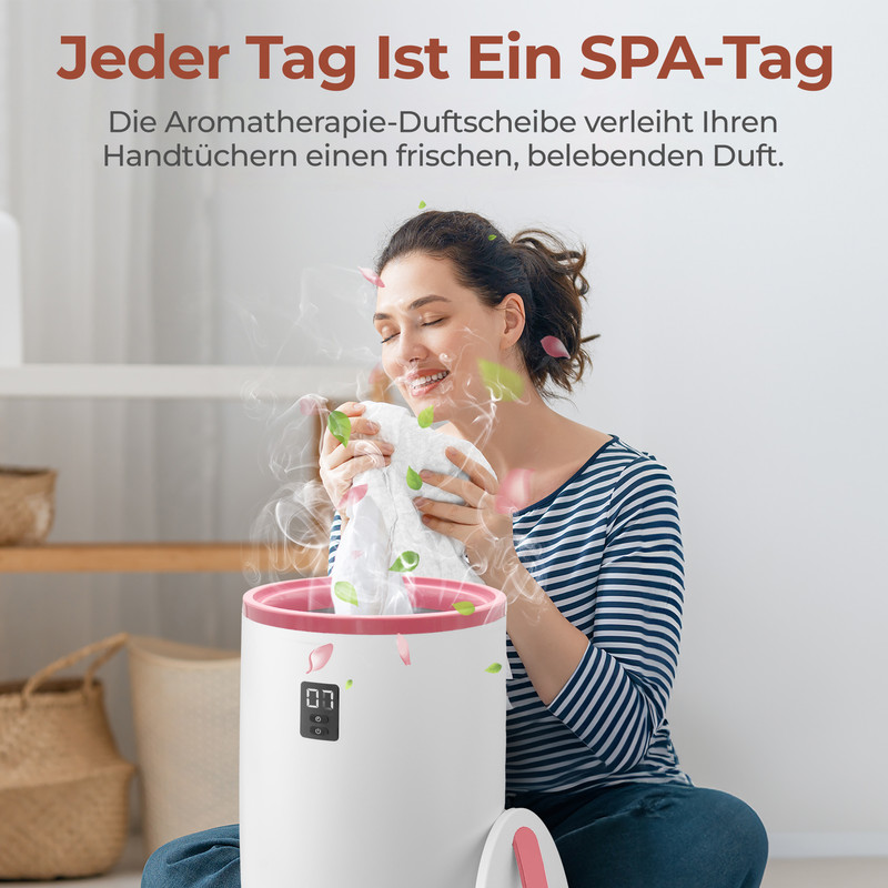 Frau riecht an Handtuch über Duftgerät mit Blütenblättern.
