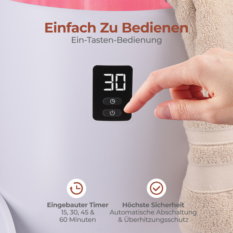 Eine Hand drückt einen Knopf auf einem Gerät mit digitaler Anzeige 30.