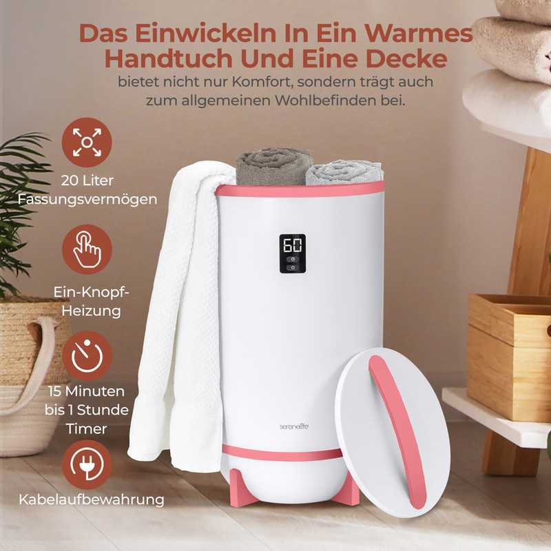 Ein weißer Handtuchwärmer mit rosa Akzenten, einer digitalen Anzeige und Handtüchern.