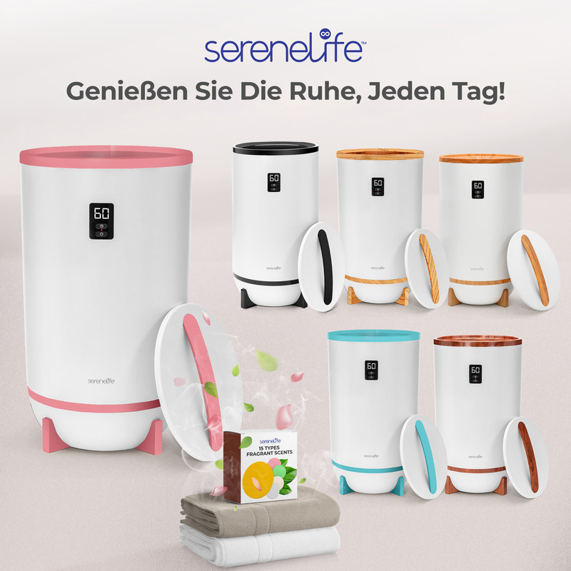 Mehrere Serenelife Dampfsaunen in verschiedenen Farben mit Handtüchern und Duftkerzen.