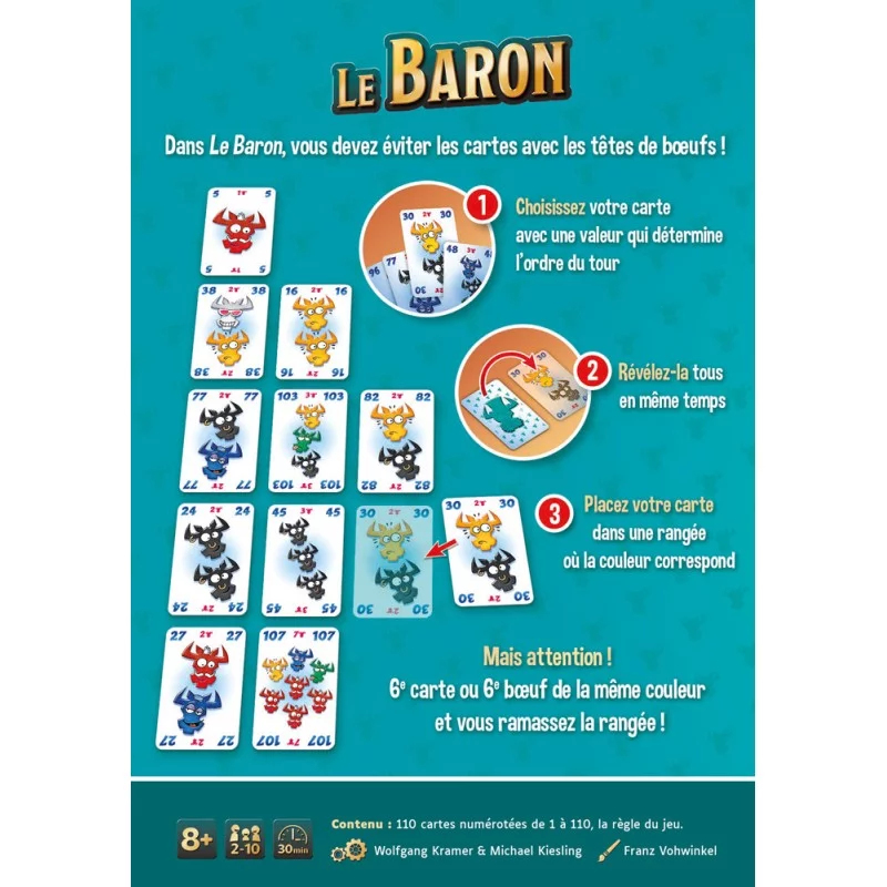 Spielanleitung für 'Le Baron' mit Karten, die Rinderköpfe zeigen.