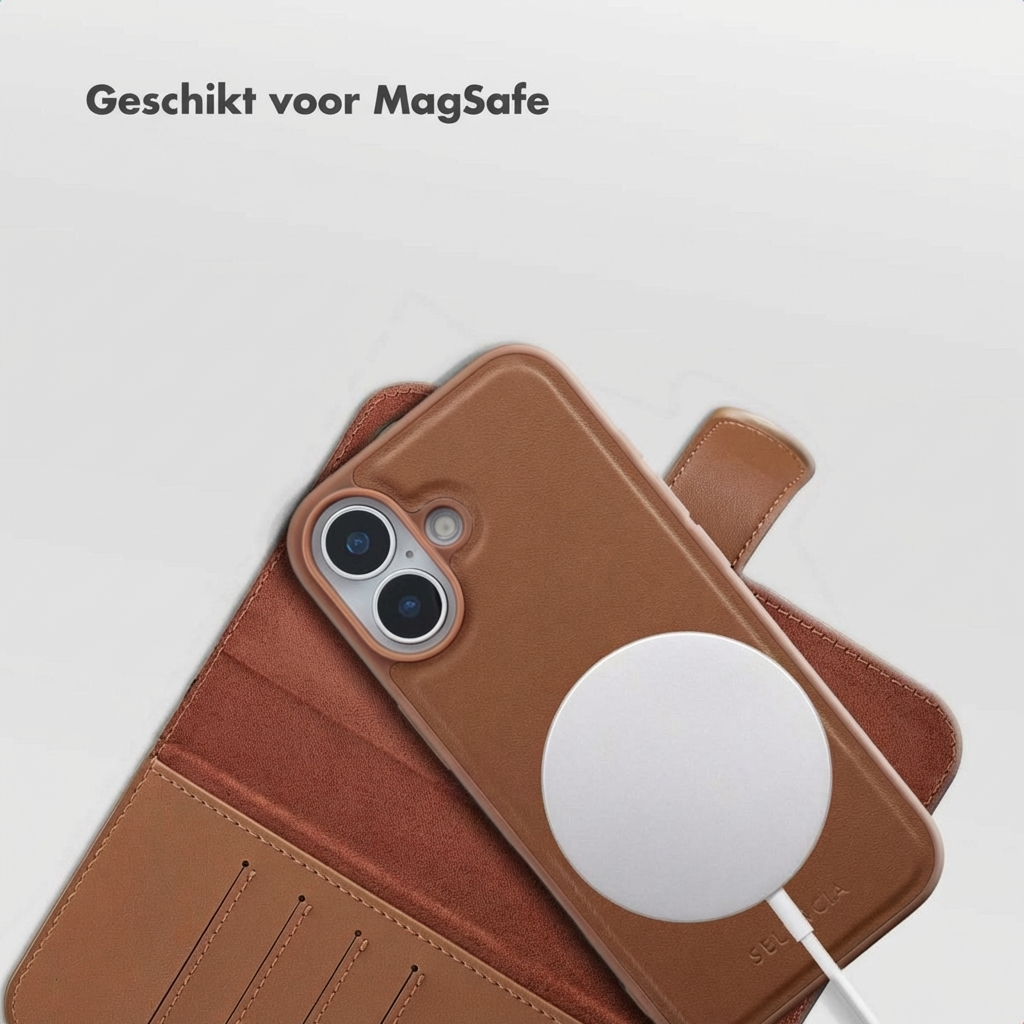 Custodia in pelle marrone con caricatore MagSafe e slot per carte.