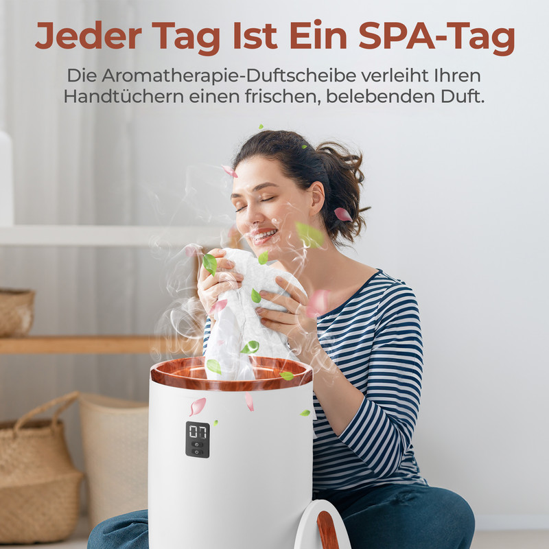 Frau riecht an einem duftenden Handtuch über einem Aromatherapie-Diffusor.
