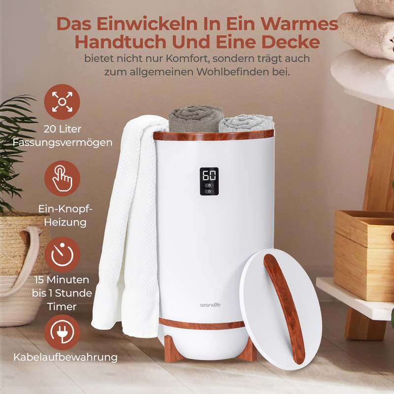 Weißer Handtuchwärmer mit Holzsockel und -rand, digitaler Anzeige mit „60“ und offenem Deckel.