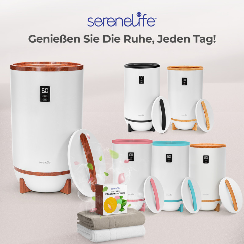 Mehrere Serenelife Dampfgarer in verschiedenen Farben mit Digitalanzeigen und Holzakzenten.