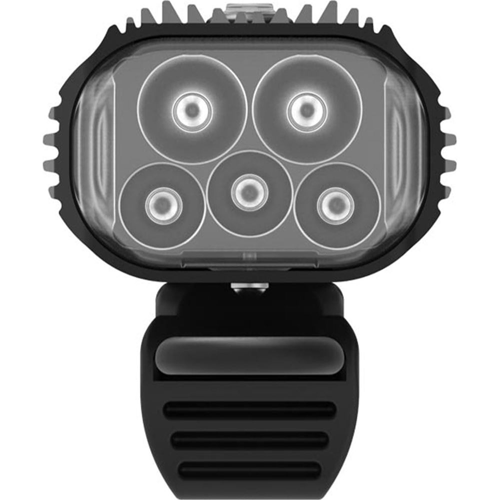 Schwarzer Fahrradscheinwerfer mit fünf LEDs und zahnradartigem Gehäuse.