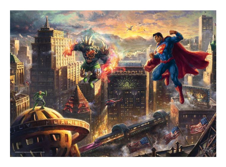 Superman kämpft gegen Doomsday über Metropolis. Grüne Laterne steht auf dem Daily Planet Globus.
