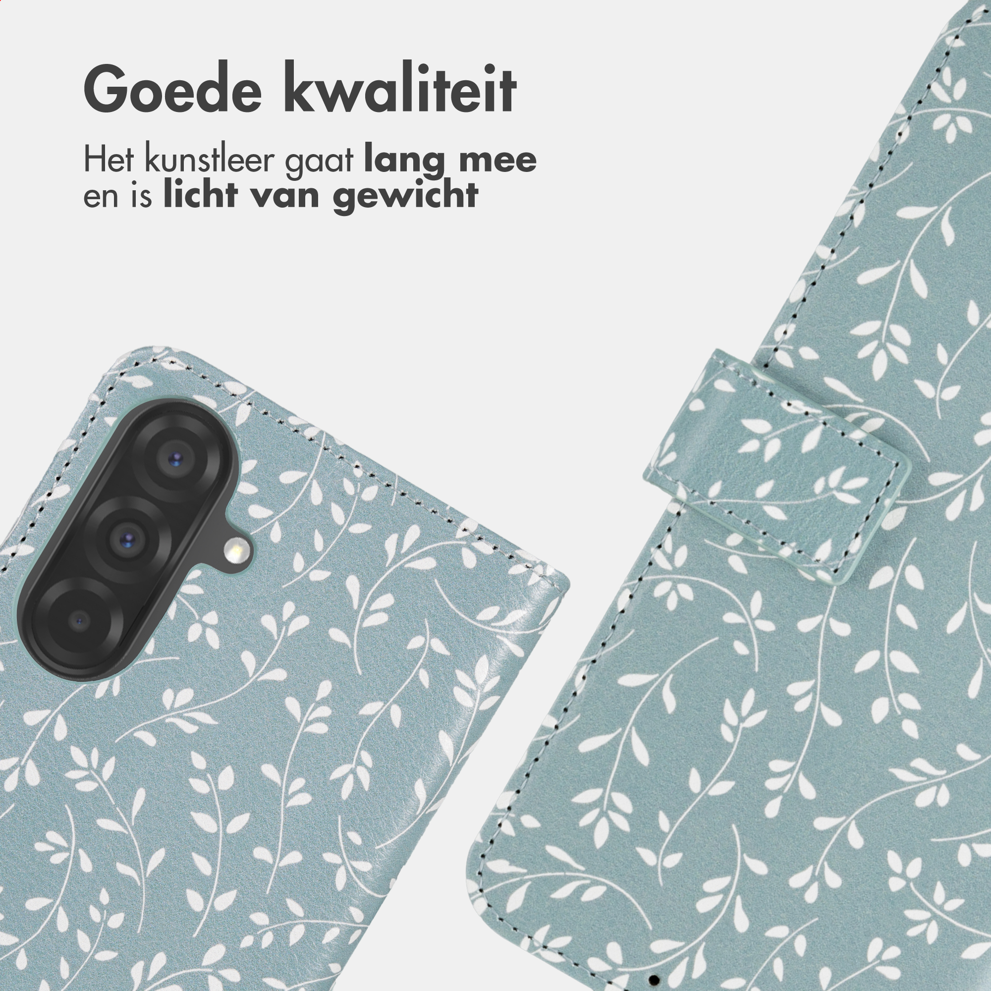A teal phone case with a white leaf pattern and camera lenses.