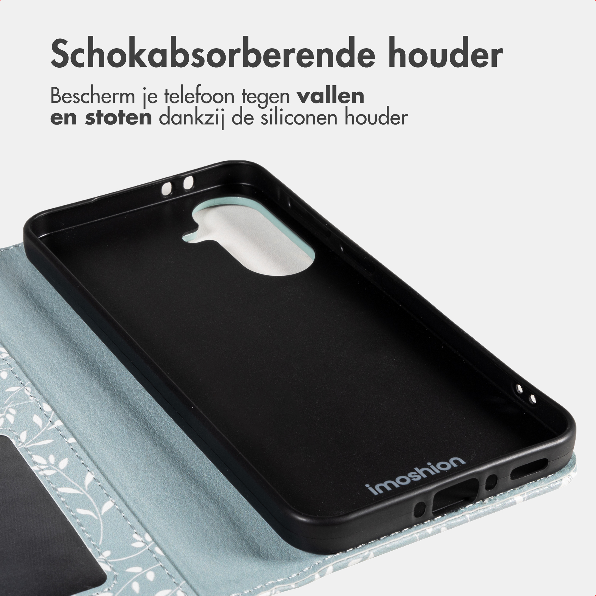 Black phone case with floral pattern, designed for phone protection.