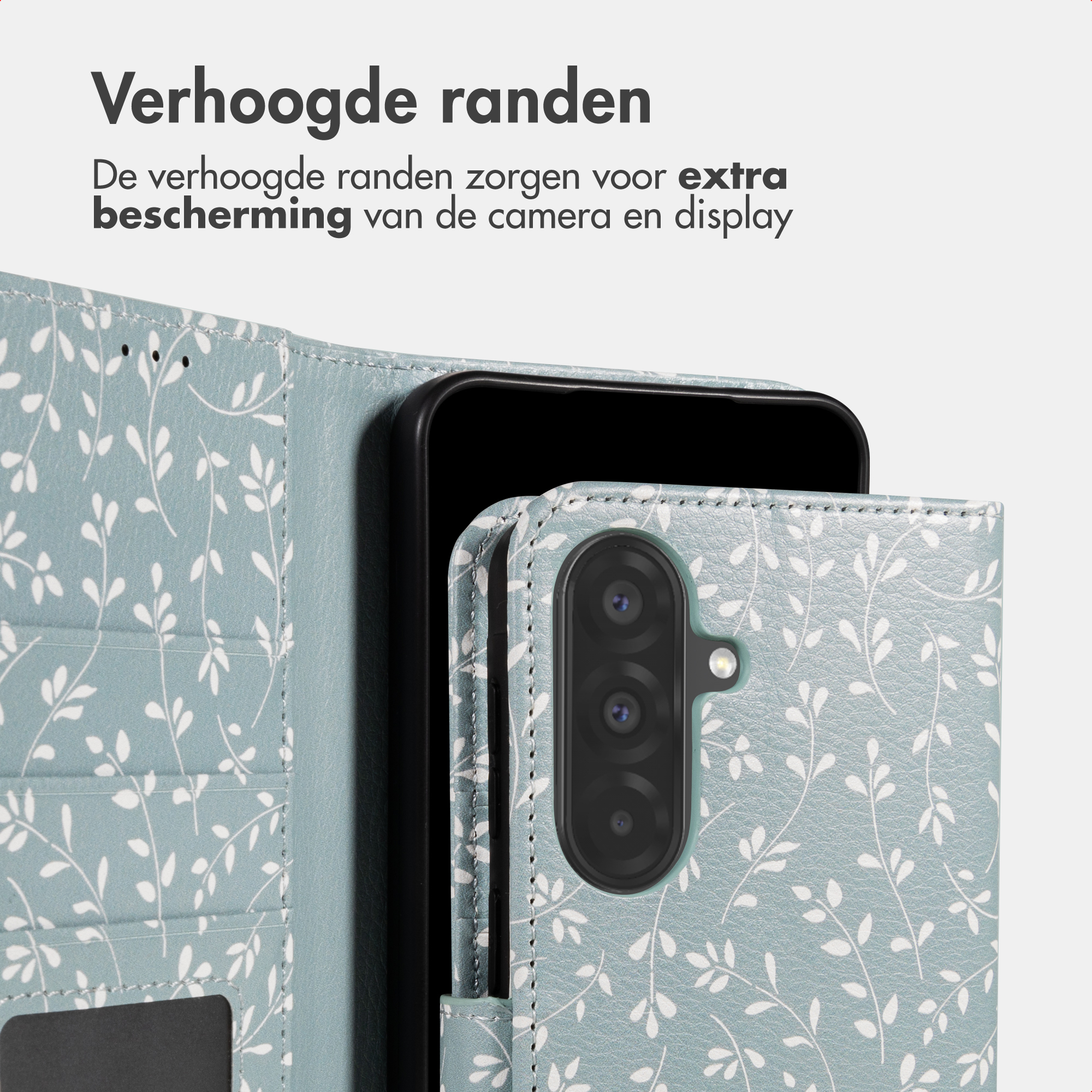 A phone case with a leaf pattern and camera cover.