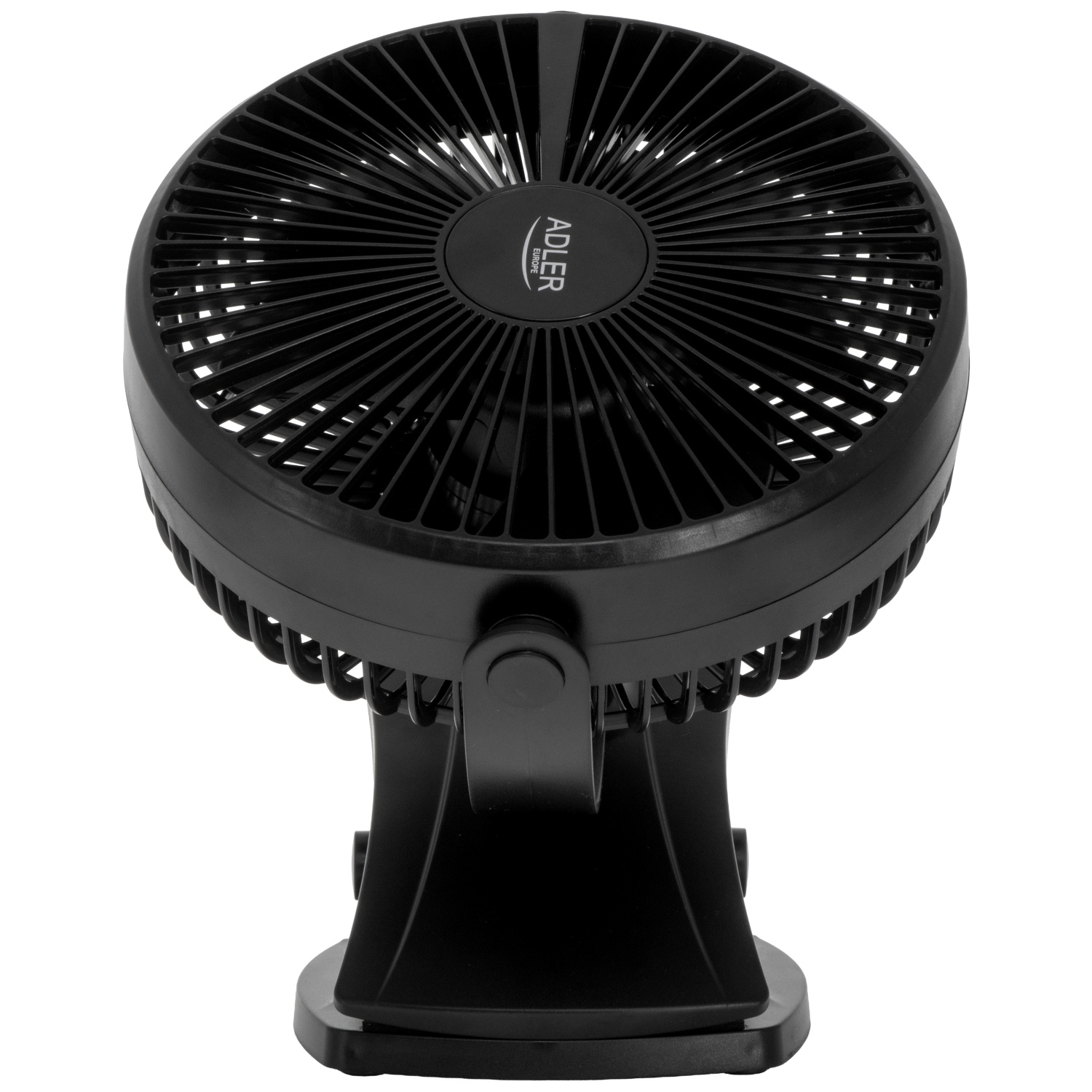 Schwarzer Tischventilator mit Adler-Logo, auf weißem Hintergrund.