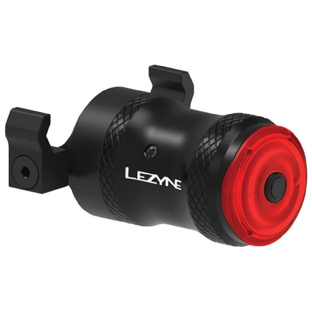 Eine schwarze Lezyne Fahrradrückleuchte mit roter Linse und texturiertem Griff.