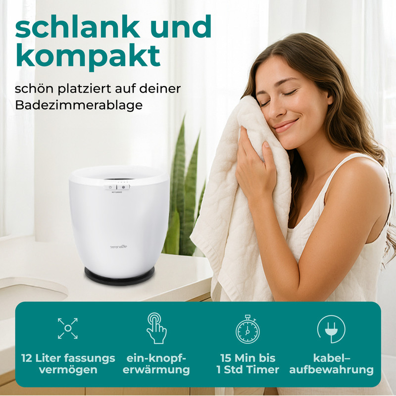 Eine Frau reibt sich mit einem Handtuch das Gesicht neben einem weißen Handtuchwärmer.