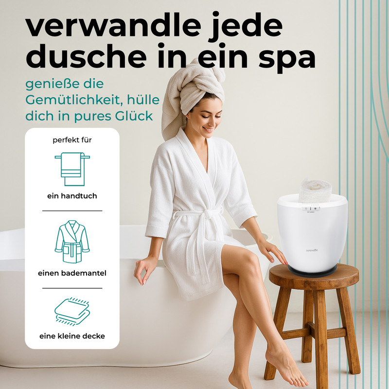 Frau im Bademantel sitzt neben einer Fußbadewanne mit Handtuch.