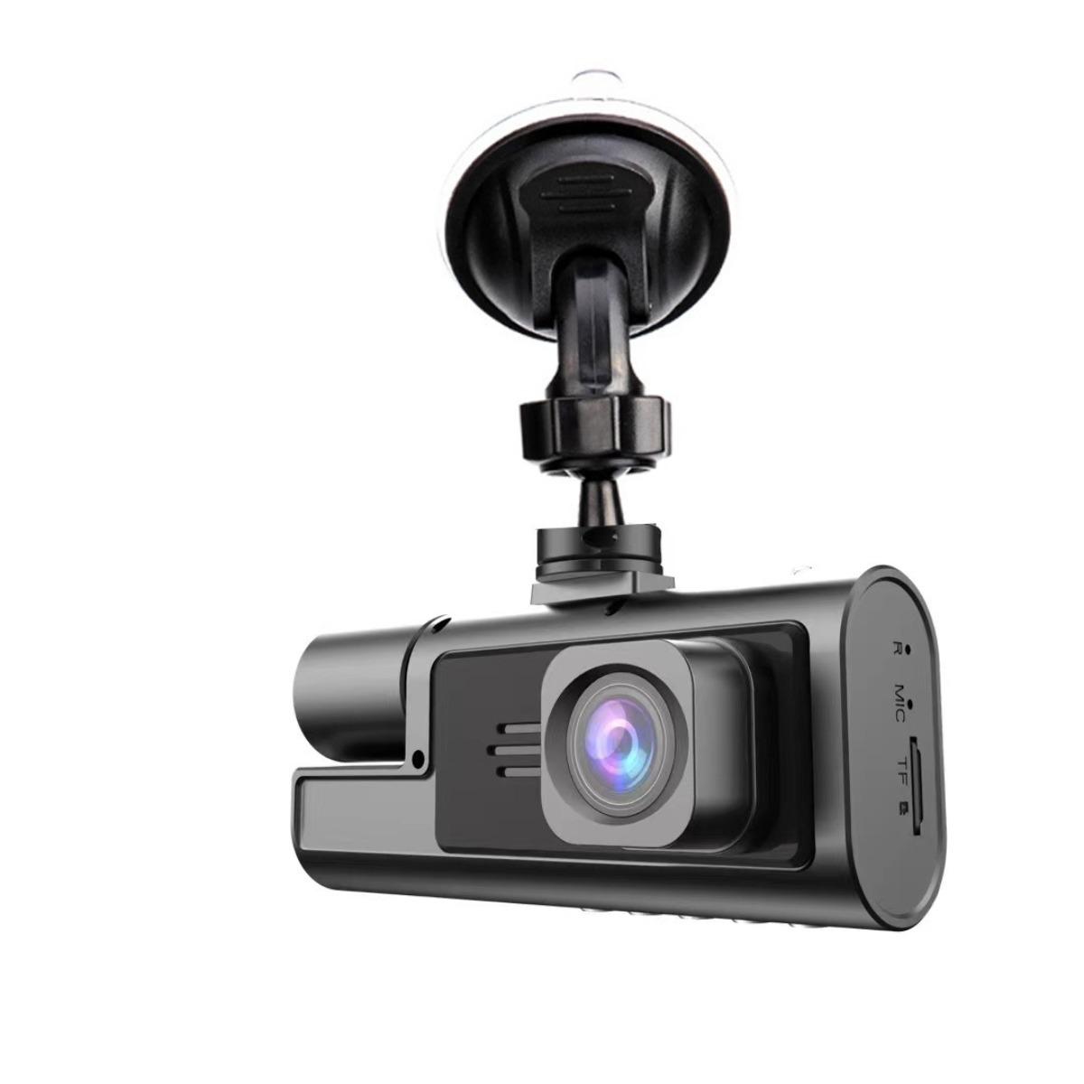 Ein schwarzer Dashcam mit Saugnapfhalterung auf weißem Hintergrund.