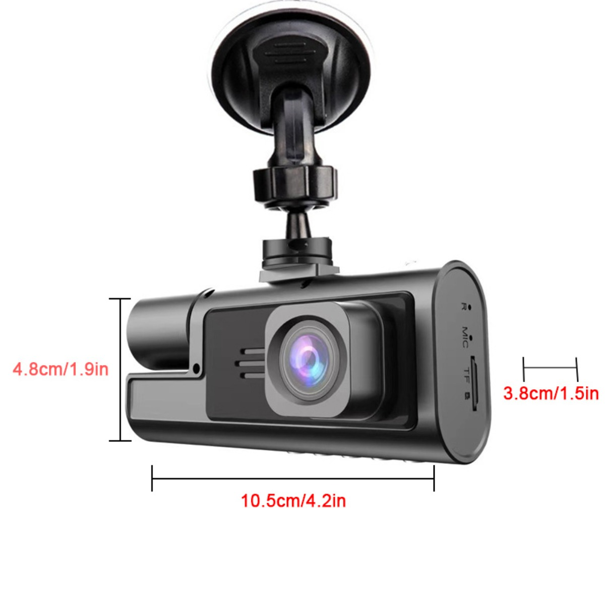 Ein schwarzer Dashcam mit Saugnapfhalterung. Maße werden angezeigt.
