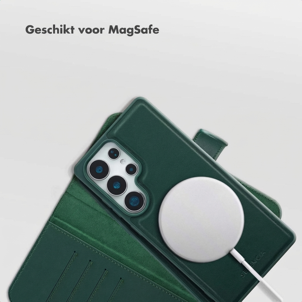 Custodia verde scuro con caricatore MagSafe su smartphone.