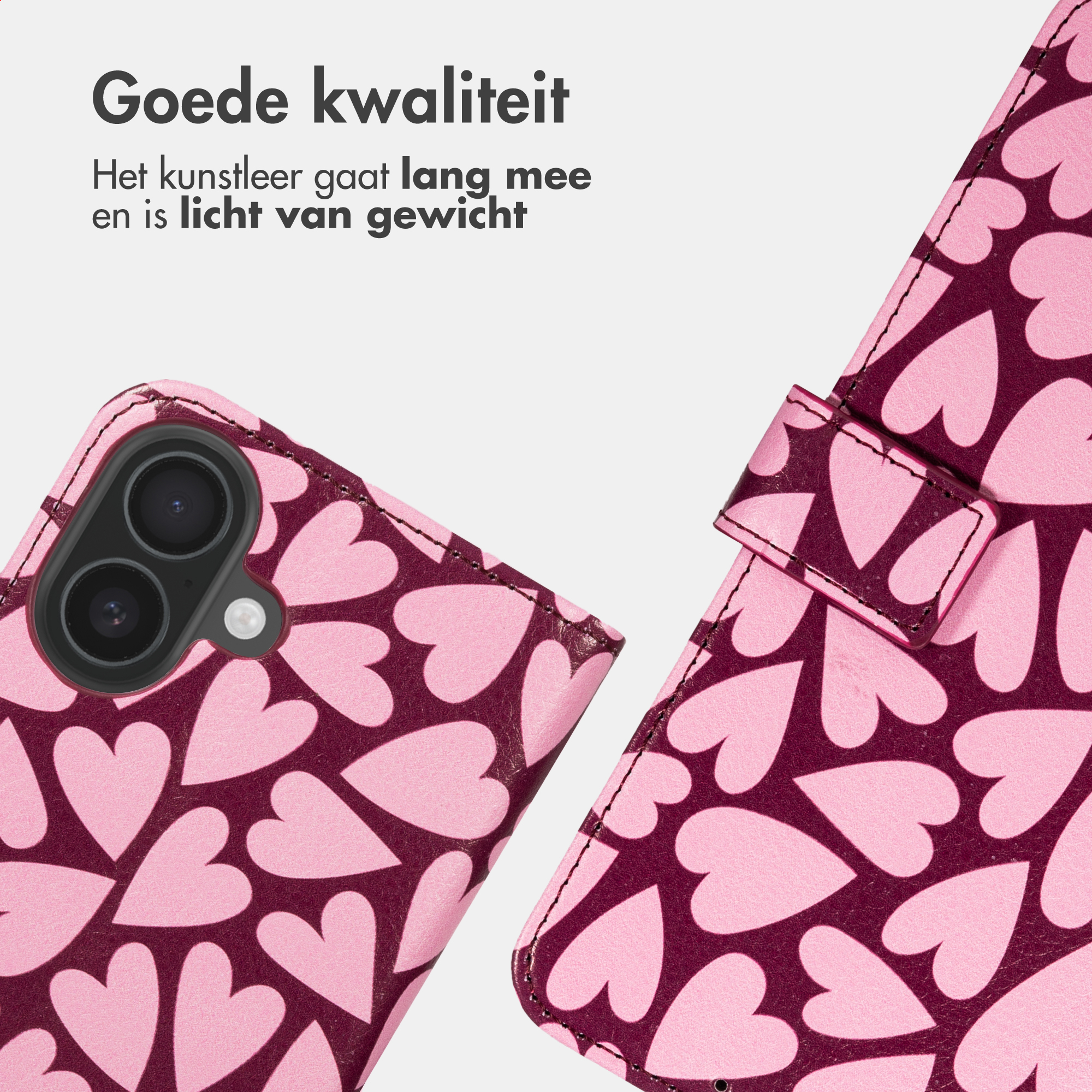 Una cover per telefono rosa con fantasia a cuori bordeaux.