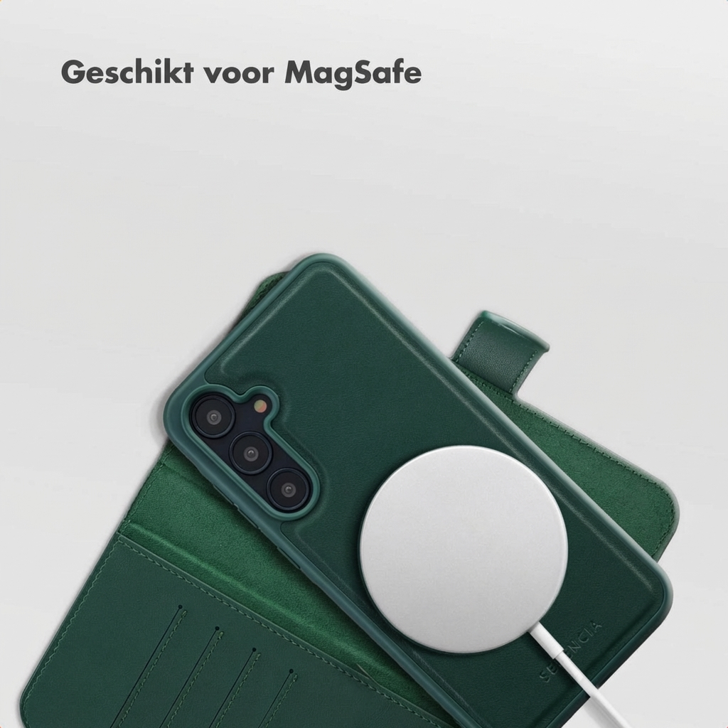 Custodia verde per telefono con caricatore MagSafe e fessure.