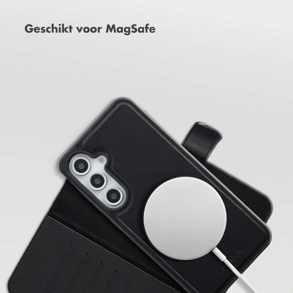 Custodia nera per telefono con caricatore MagSafe e tre fotocamere posteriori.