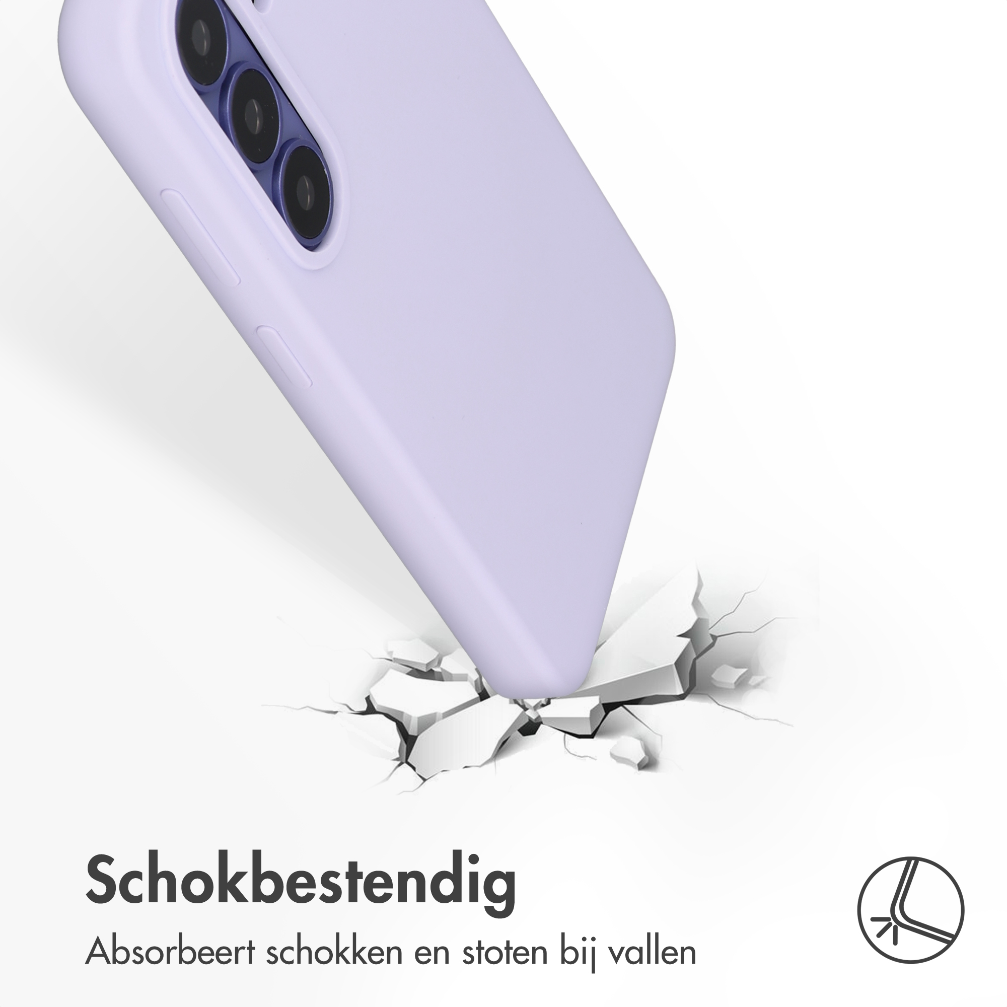 Ein lila Handyhülle stürzt auf einen Boden, der in Stücke zerbricht.