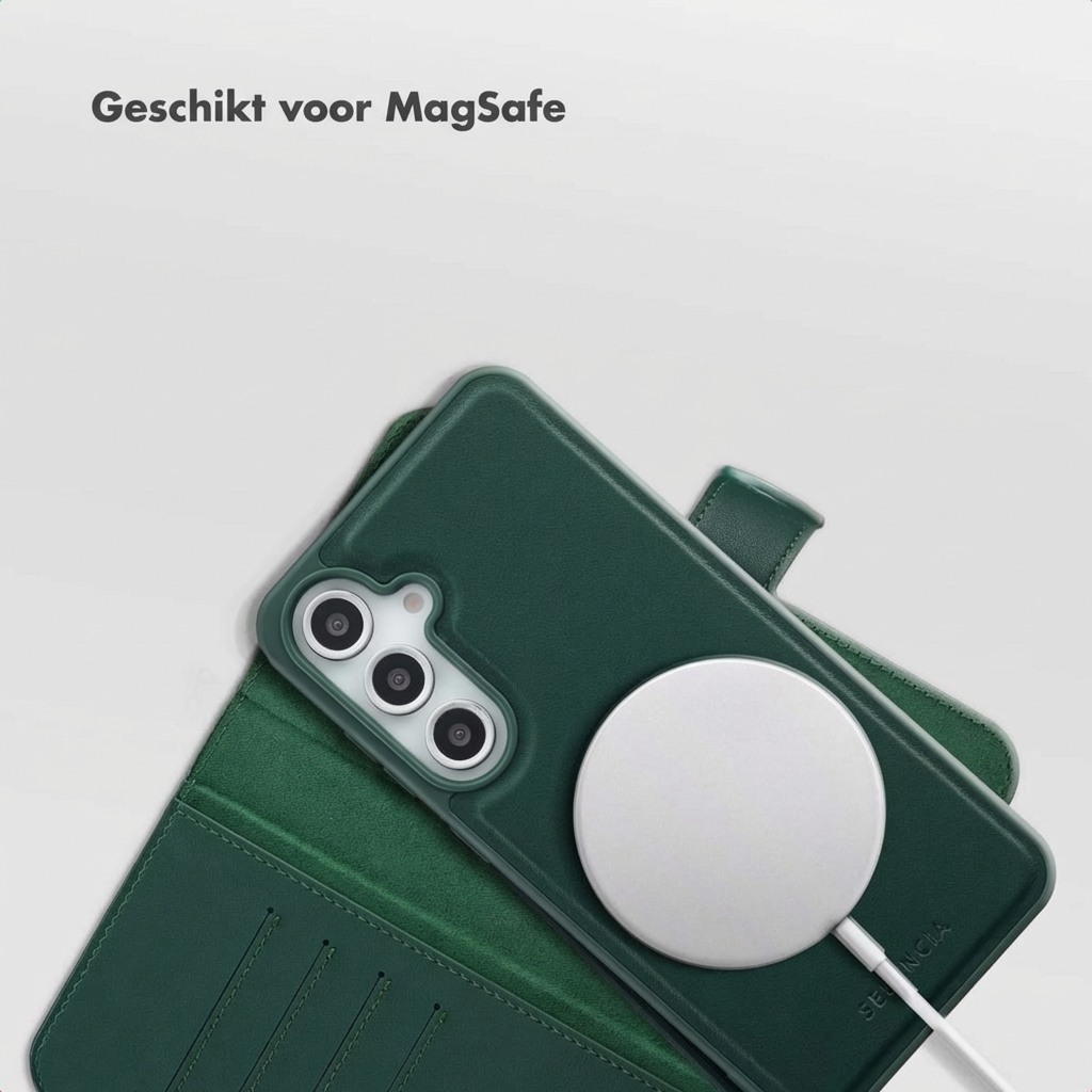 Una custodia per telefono verde scuro con caricabatterie MagSafe. Il testo "Geschikt voor MagSafe" è in alto a sinistra.