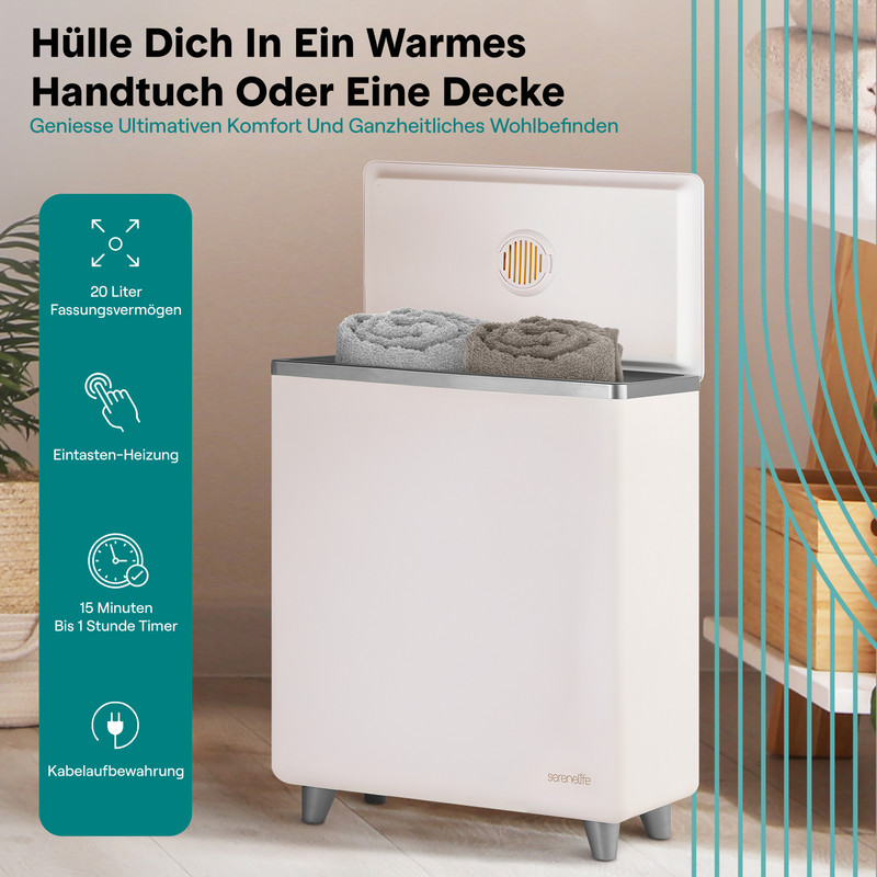 Ein weißer Handtuchwärmer mit zwei gerollten Handtüchern und Bedienfeld.