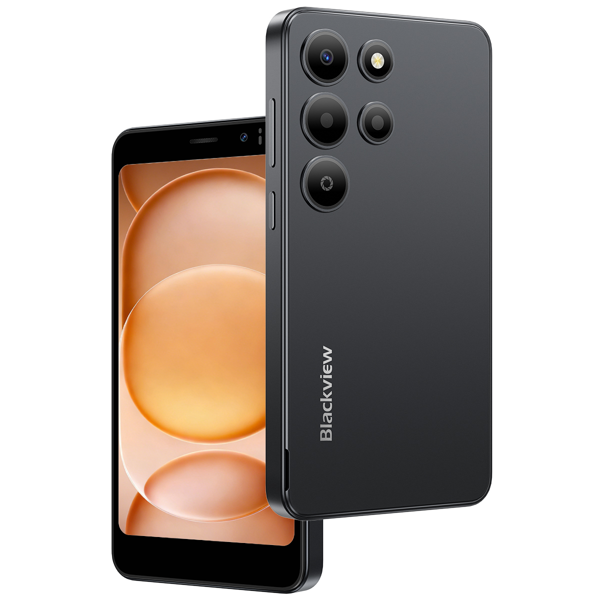 Teléfono inteligente negro con tres cámaras traseras y fondo naranja en pantalla.
