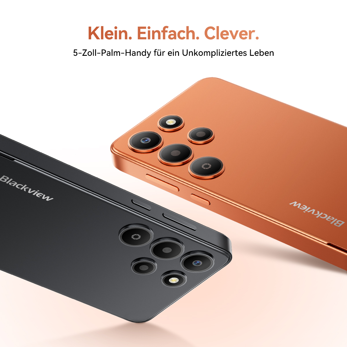 Zwei Blackview Smartphones: eines in Schwarz, eines in Orange, mit Kameras.