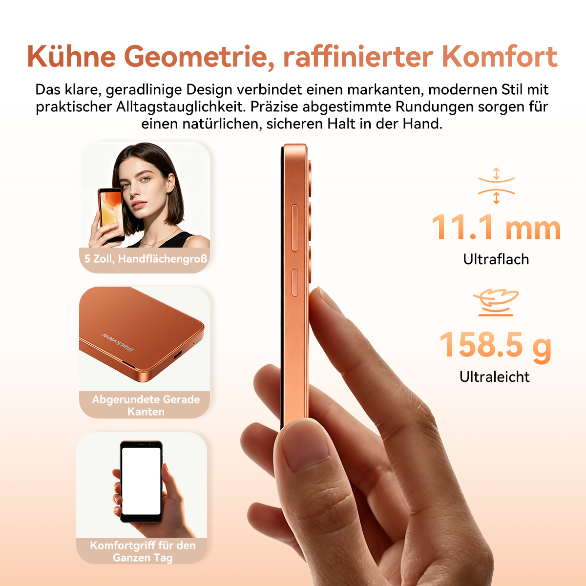 Orangenes Smartphone in der Hand, 11,1 mm dünn, 158,5 g leicht.