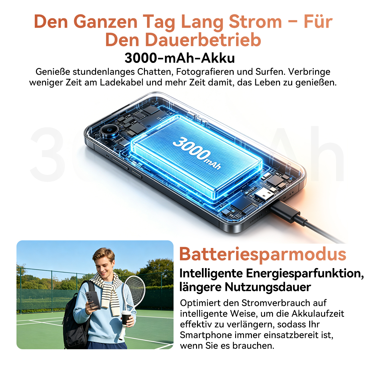 Ein Smartphone mit einem leuchtenden 3000-mAh-Akku und ein Mann auf einem Tennisplatz.