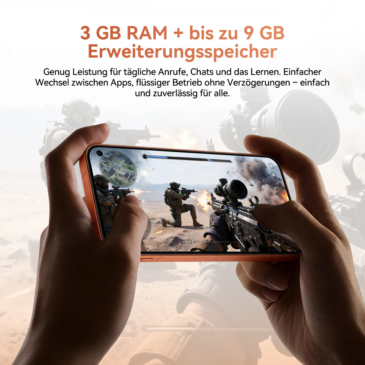 Hände halten ein orangefarbenes Smartphone, das ein Ego-Shooter-Spiel zeigt.