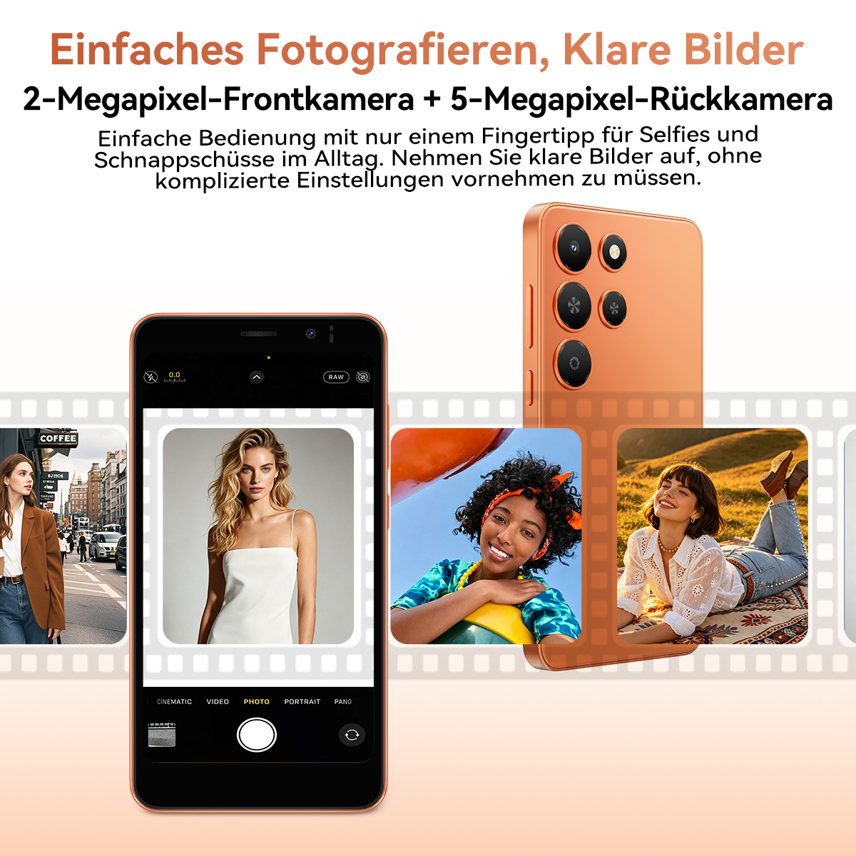 Ein Smartphone mit Kameras und Beispielbildern: ein Porträt, ein Mädchen und eine Frau im Freien.