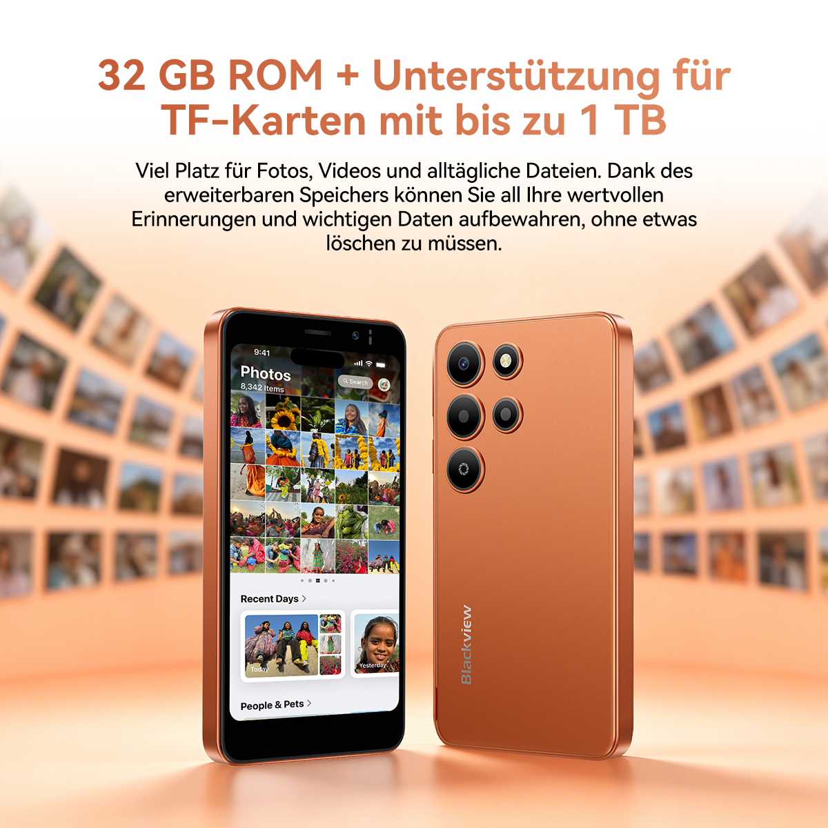 Orange Smartphone mit 3 Kameras, zeigt Fotos. Text: 32 GB ROM + 1 TB TF.