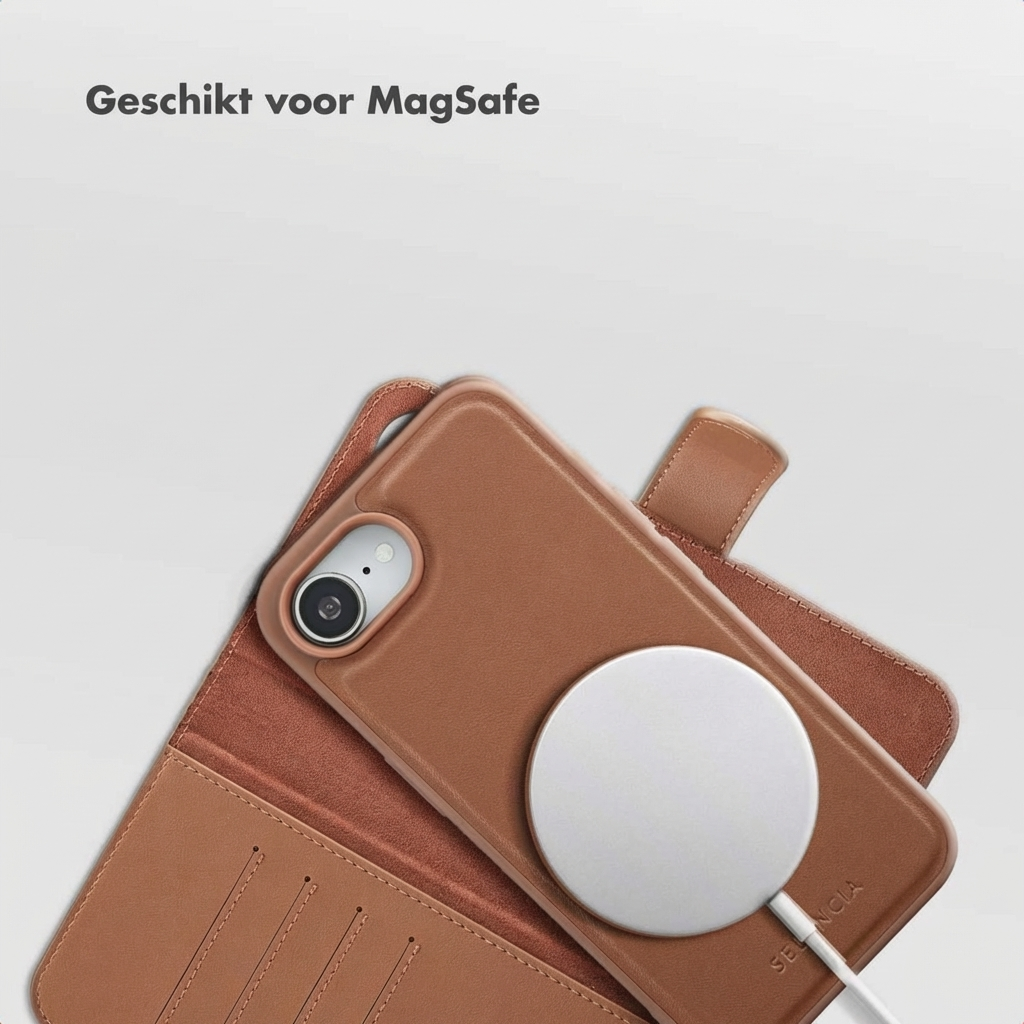 Custodia in pelle marrone con caricabatterie MagSafe e retro iPhone.