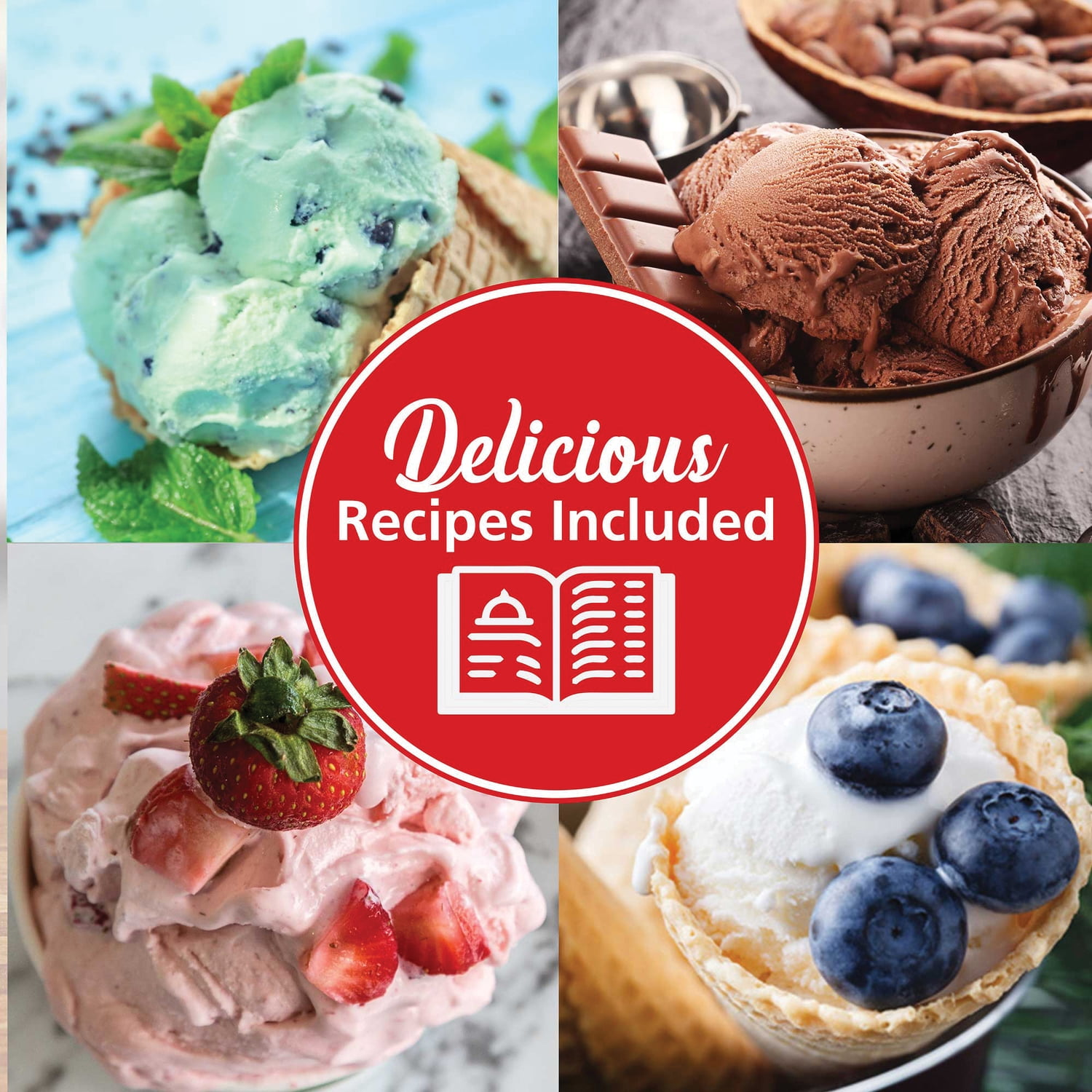 Vier Eissorten: Minze-Schoko, Schoko, Erdbeer & Vanille mit Blaubeeren.