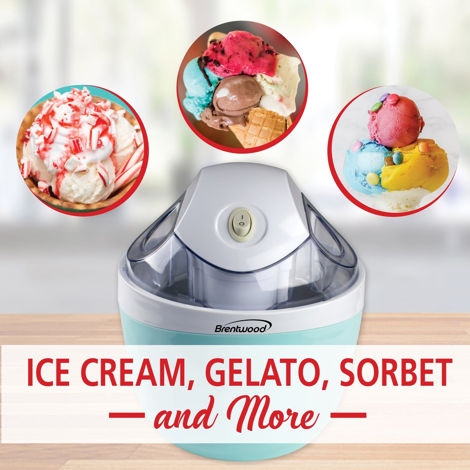 Eismaschine mit drei Eisbildern: Vanille mit Soße, bunte Kugeln und Waffel.
