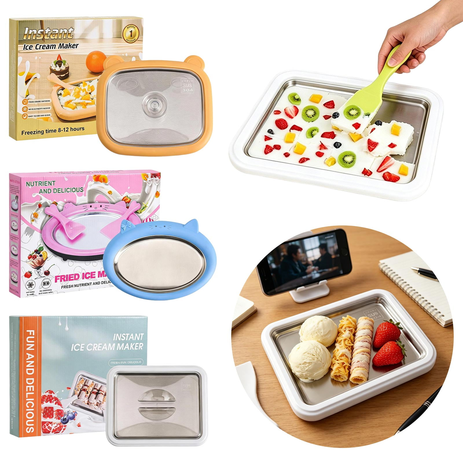 Eiscreme-Maschinen in verschiedenen Farben und Verpackungen mit Obst und Eiscreme.