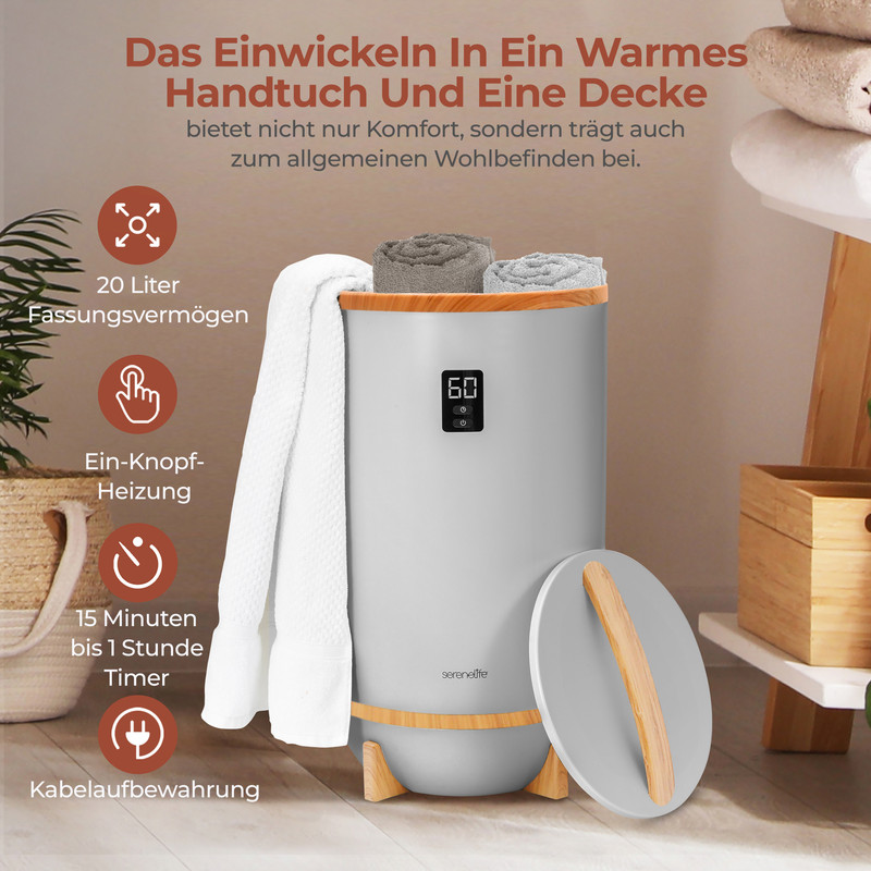Ein weißer Handtuchwärmer mit Holzdetails und aufgedruckten Funktionen.