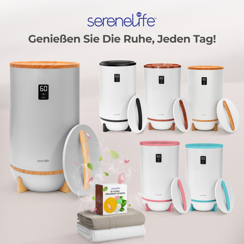 Mehrere sereneLife Verdampfer in verschiedenen Farben, mit Handtüchern und Duftproben.