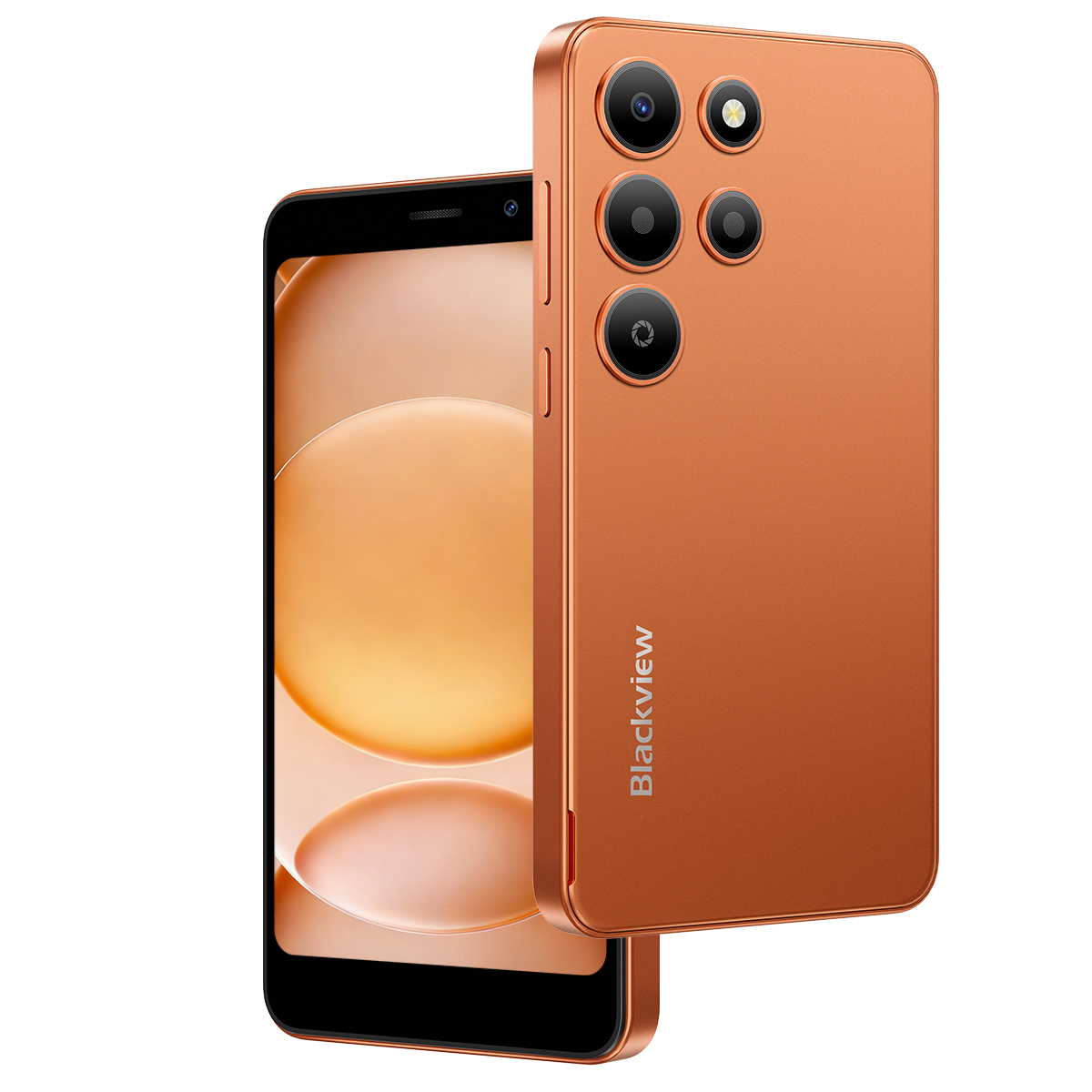 Un smartphone naranja con cámaras en la parte trasera y parte de la pantalla visible.