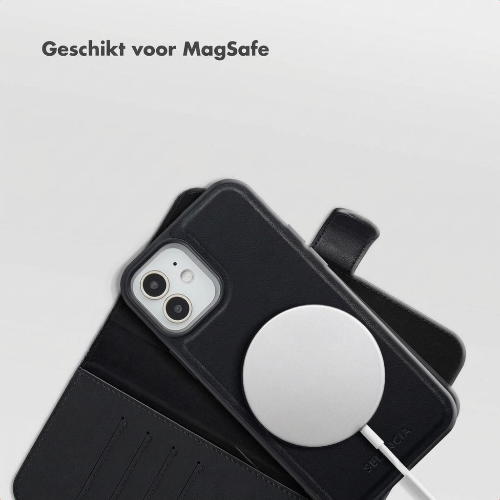 Black iPhone with MagSafe charger and case. Text: Suitable for MagSafe.