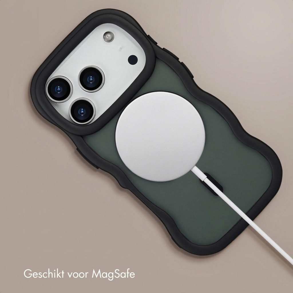 Custodia verde scuro per iPhone con caricatore MagSafe e cavo.