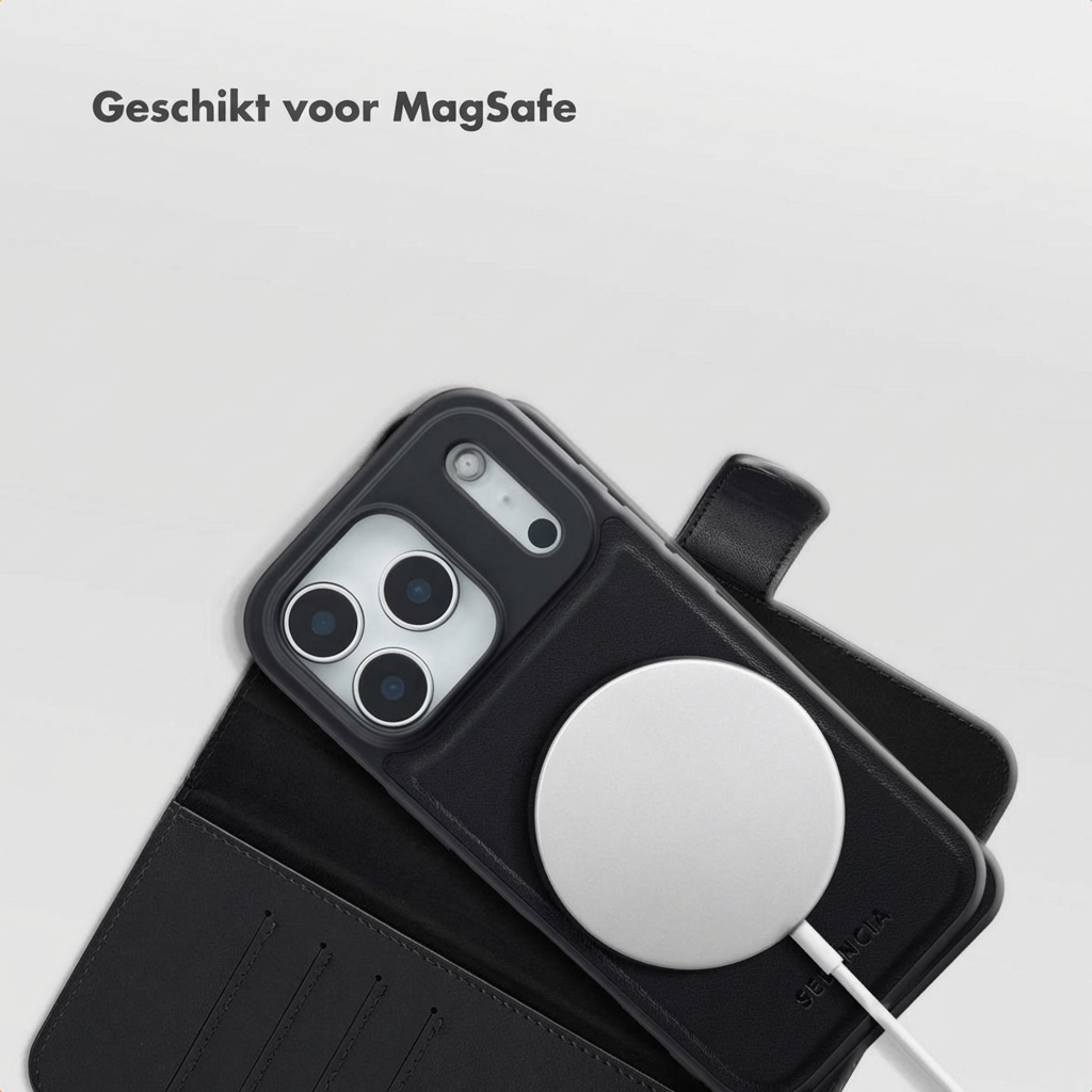 Black iPhone with MagSafe charger and open leather case.