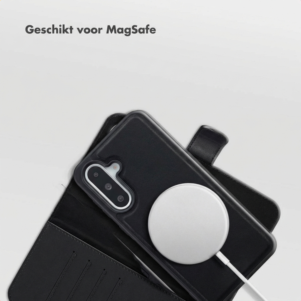 Una custodia nera per telefono con un telefono all'interno, caricato da un caricabatterie wireless circolare bianco. Testo "Geschikt voor MagSafe".