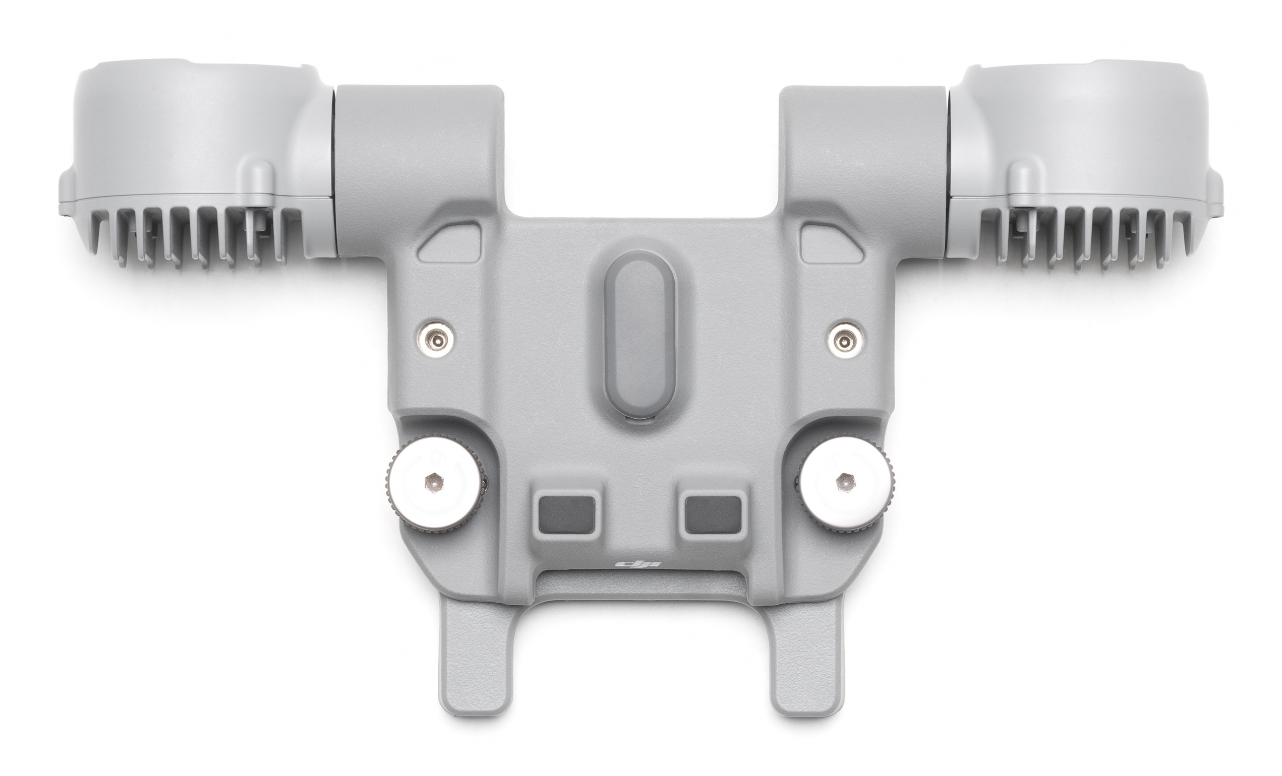 Grauer Drohnen-Gimbal-Halter mit Kühlrippen und Schrauben.