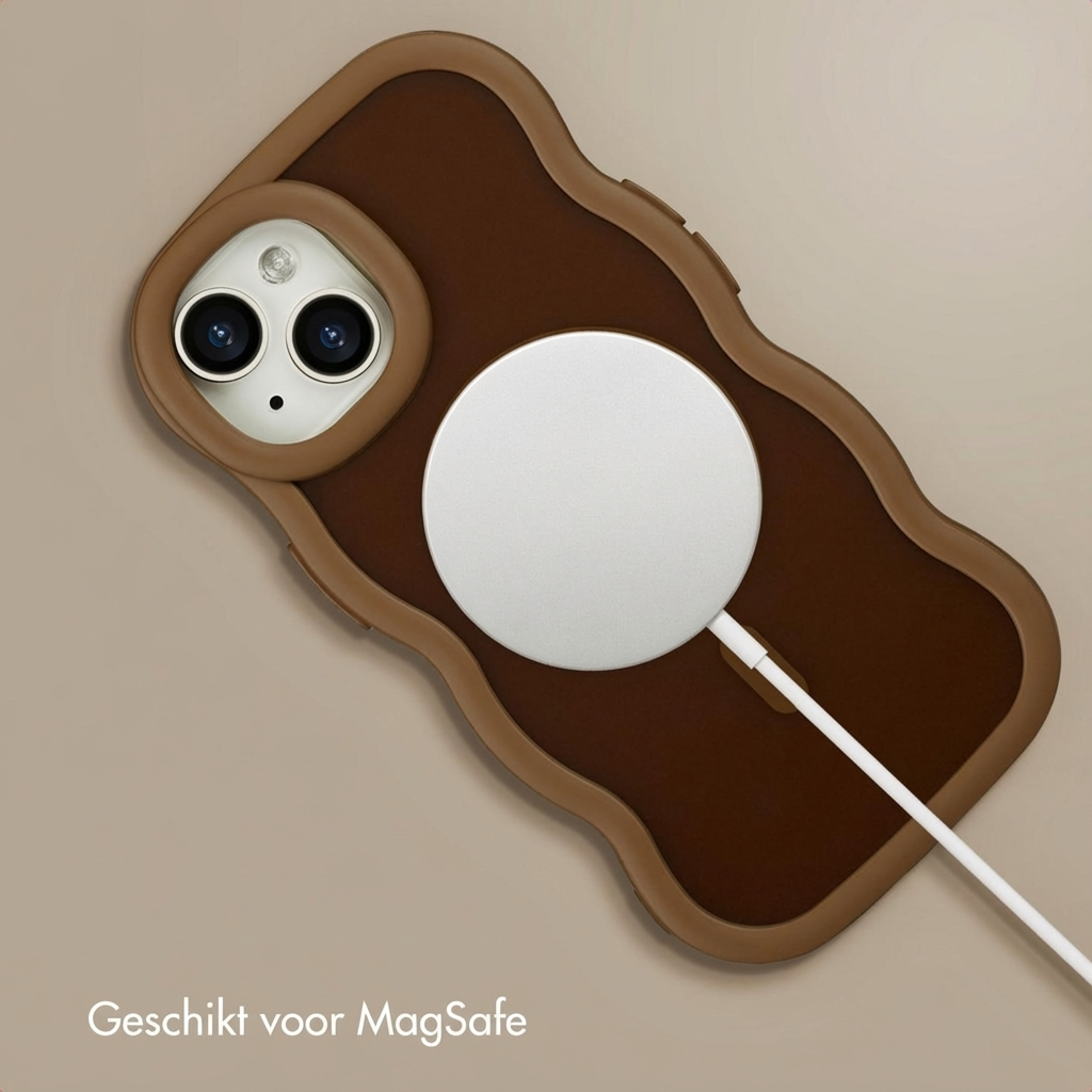 Brown phone case with a white MagSafe charger and cable.